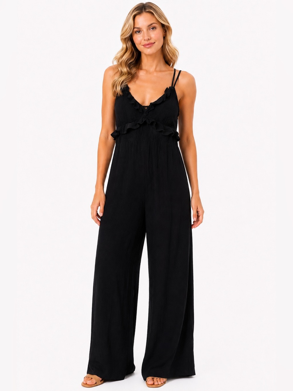 NWT American Eagle Size Medium Black Ruffle V-Neck Wide-Leg Jumpsuit